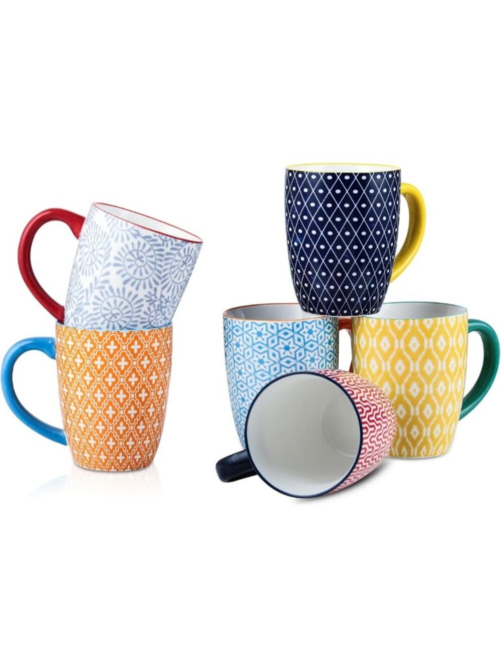 Set of 6 Assorted Color Ceramic Coffee Mugs, 16 oz Dishwasher & Microwave Safe